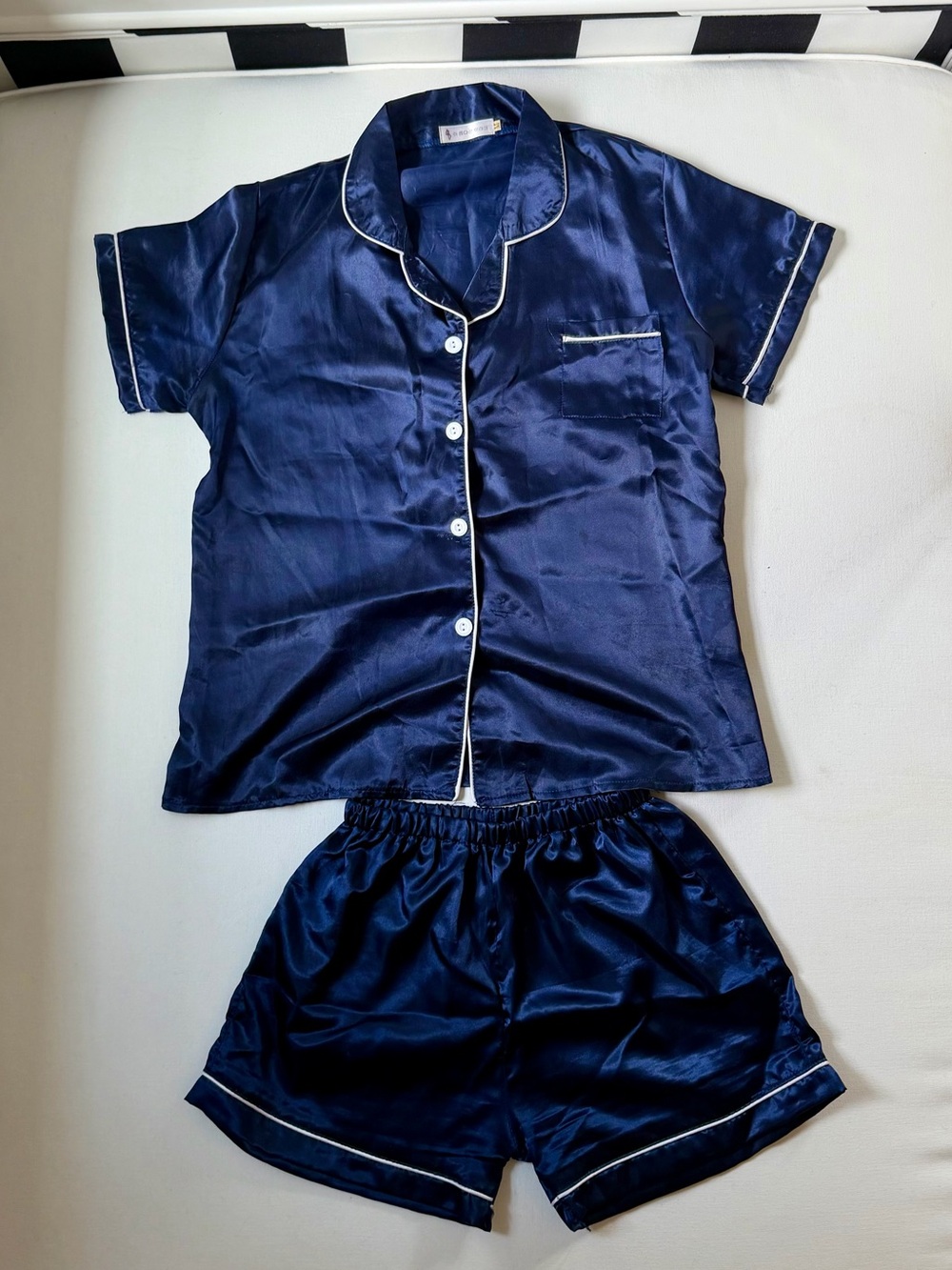 Navy Satin Pajama Set with Contrast Piping